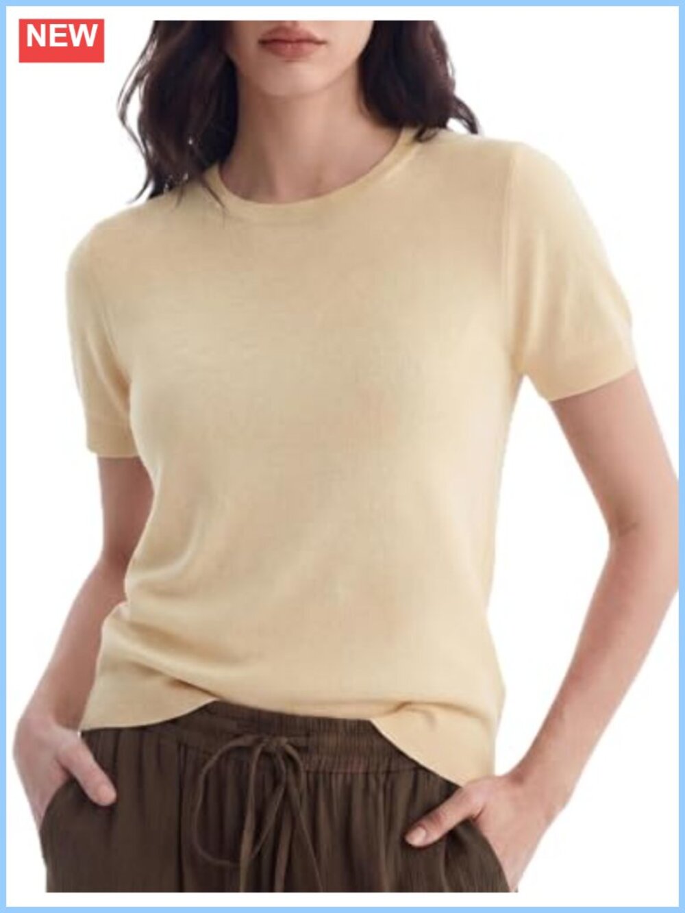 Womens Wool Blend Short Sleeve Sweater Crew Neck Lightweight Knit Pullover